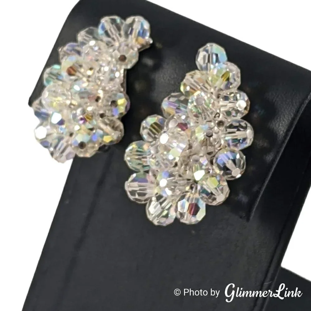 VTG AB Aurora Borealis Beaded Paisley Cluster Silver Tone Clip On Earrings